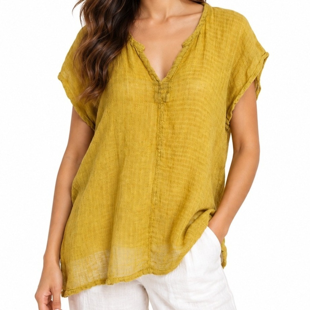 CP Shades Sol Linen Tunic Top Mustard Yellow V Neck Oversized Size L